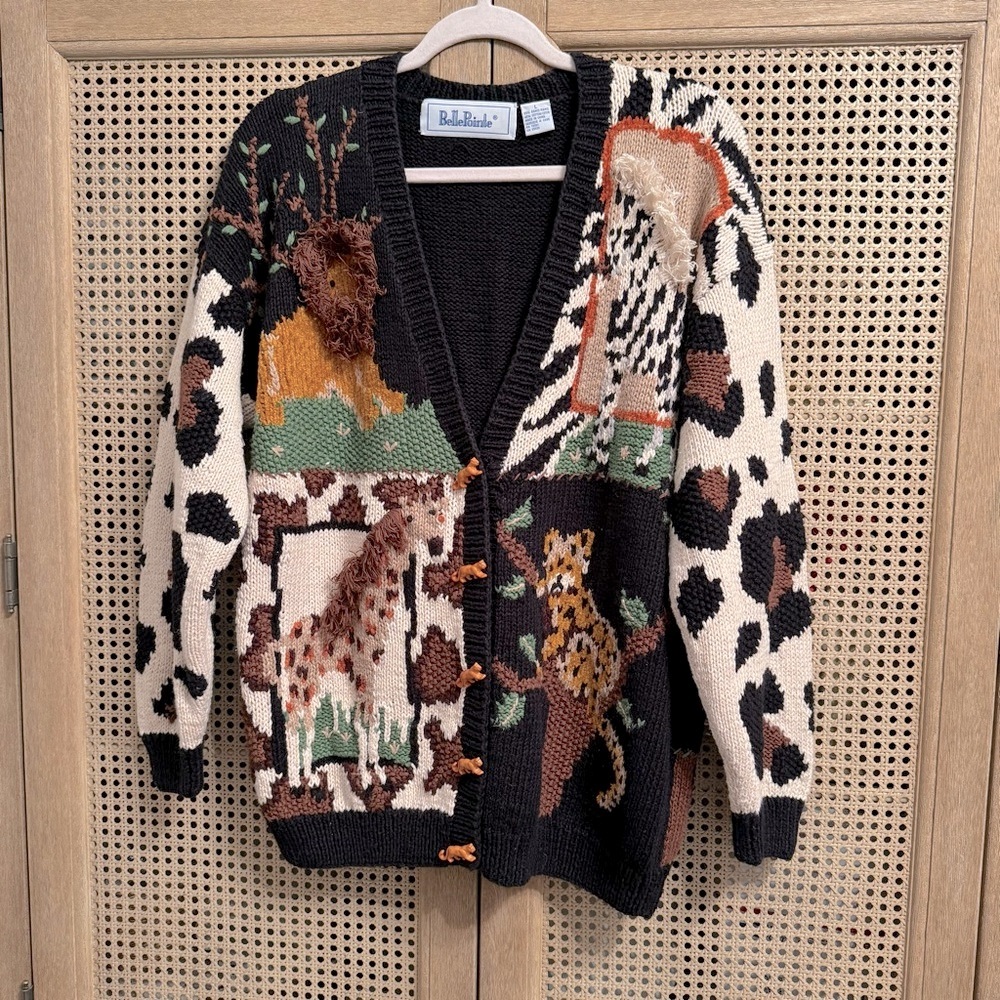 Vintage BELLE POINTE  LION King Animals Jungle Zoo  Sweater Cardigan  Size L - Picture 2 of 14